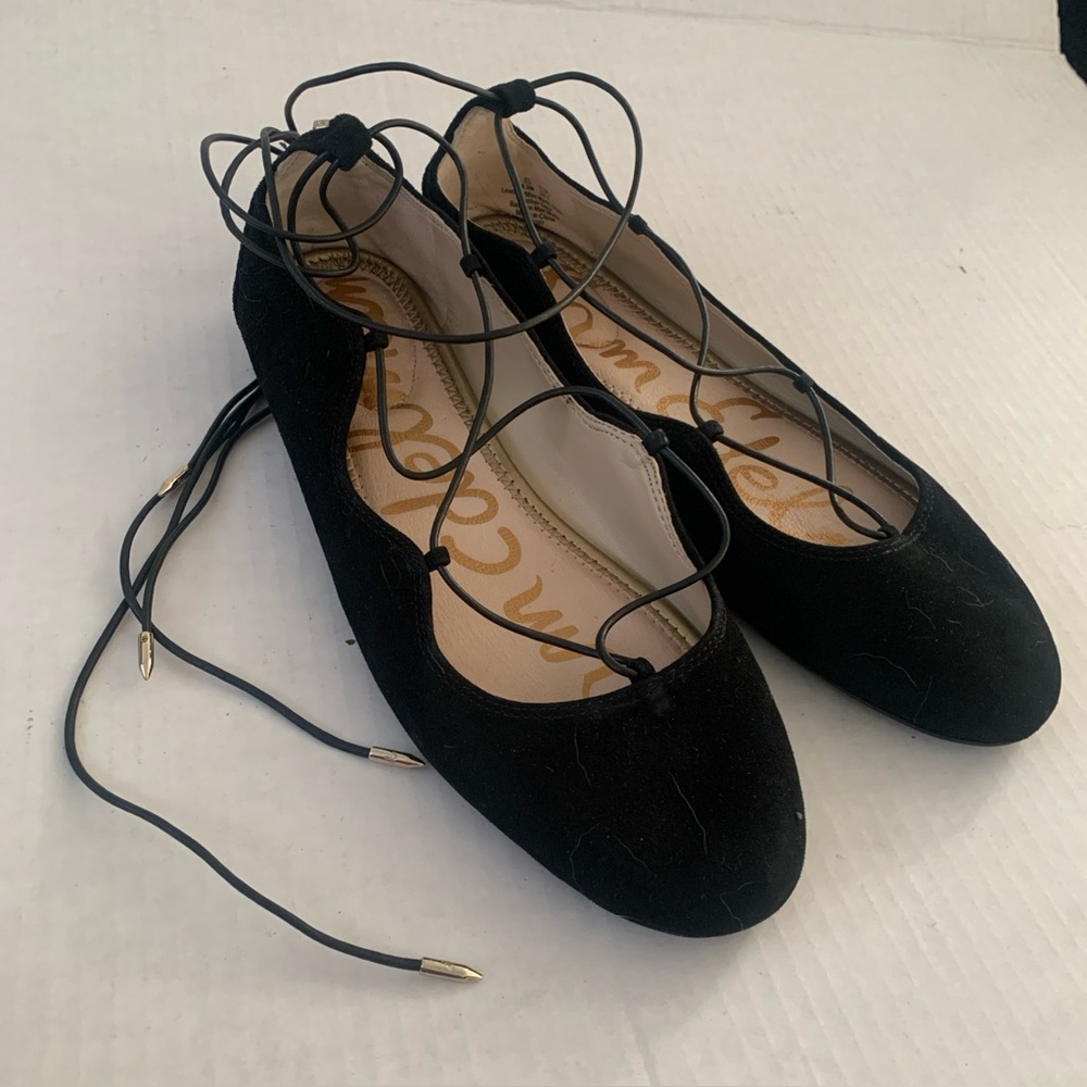SAM EDELMAN Size 8.5 Flynt Suede Black Velour Lace-Up Ballet Flat Shoes. NEW